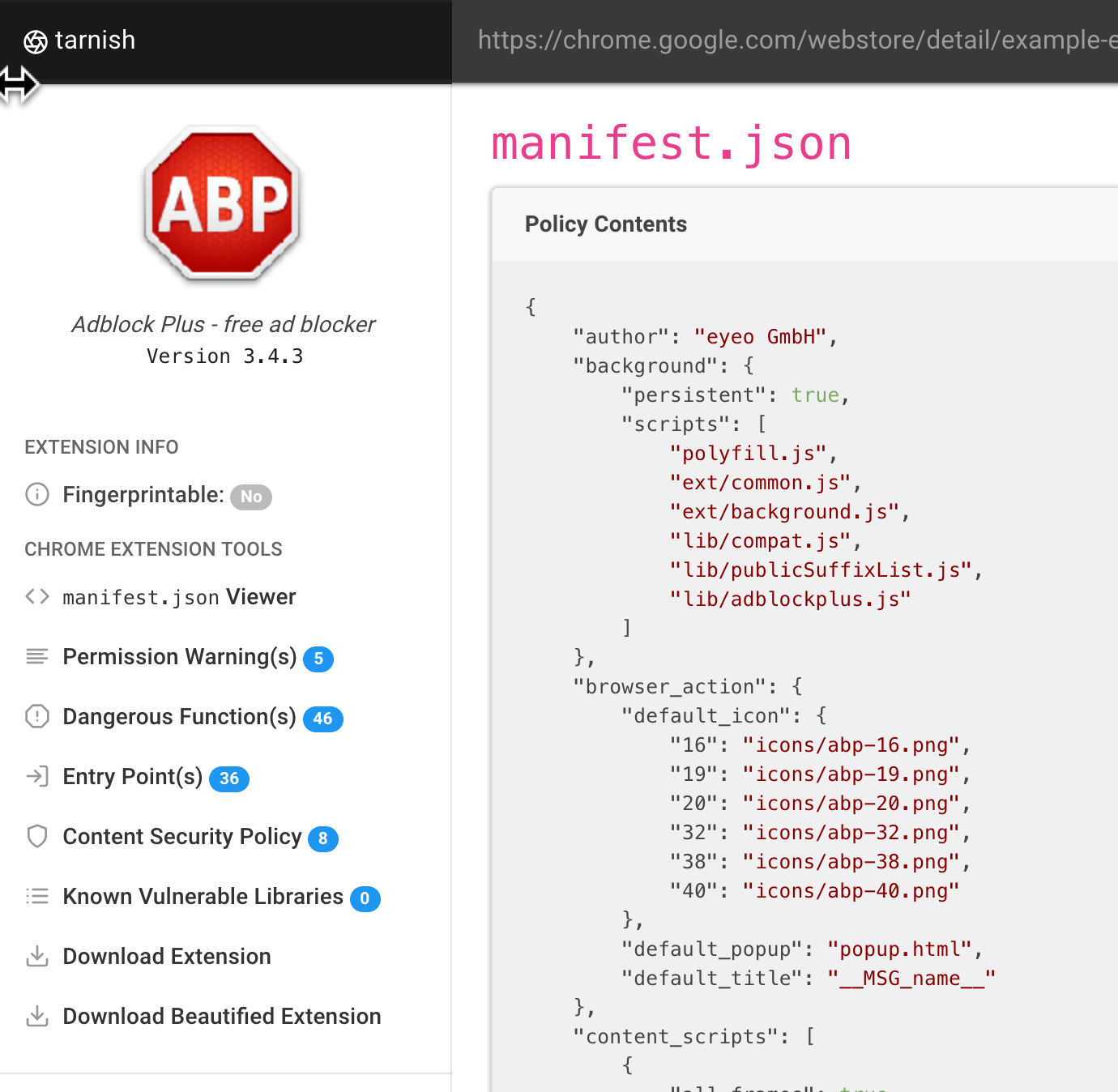 Chrome扩展静态分析工具，可进行安全性审查：tarnish